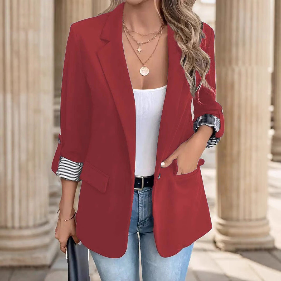 Women's Open-Front Notch Lapel Blazer, Striped Cuffs | Relaxed Layering Fit, Flap Pockets | 5 Colorways | S–XXXL