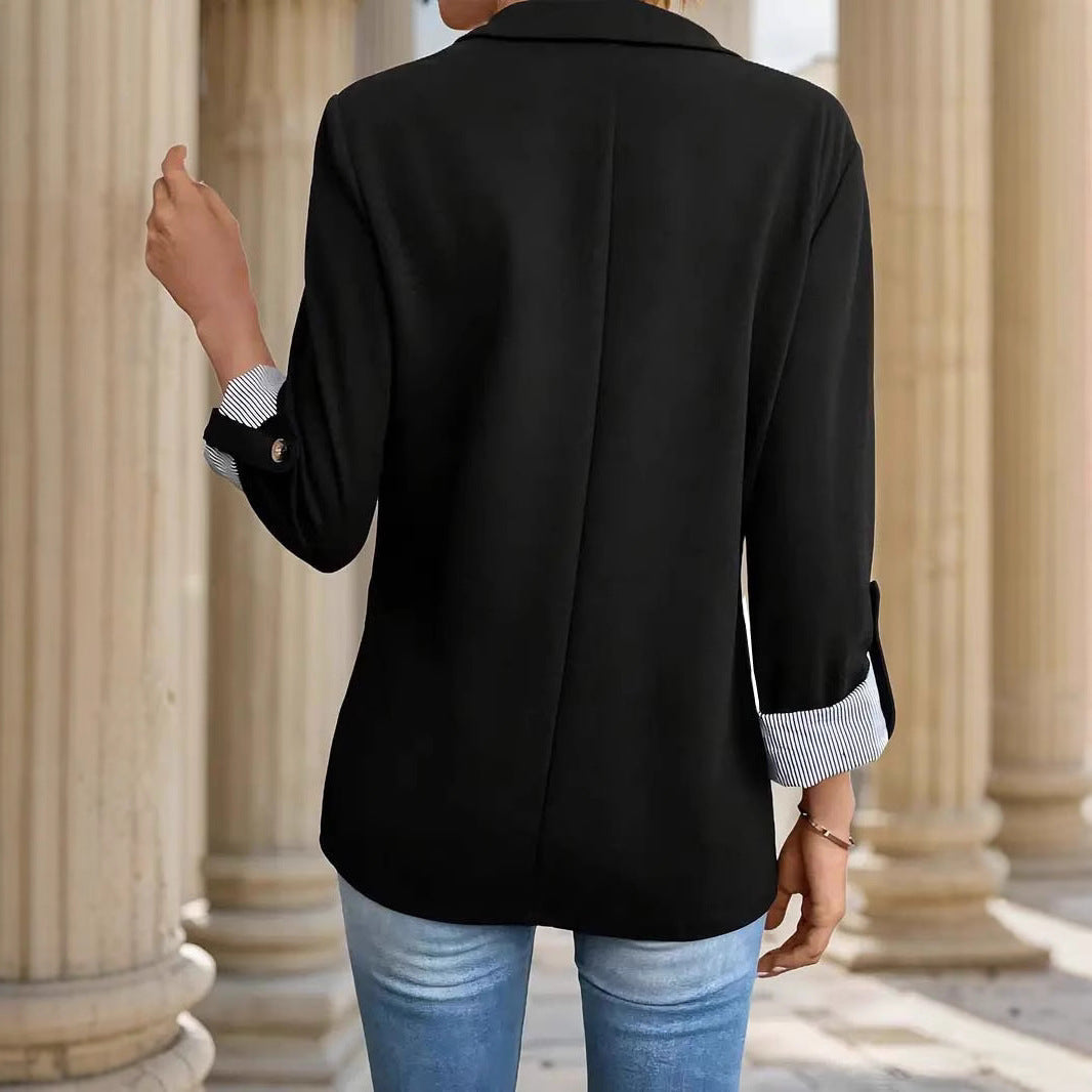 Women's Open-Front Notch Lapel Blazer, Striped Cuffs | Relaxed Layering Fit, Flap Pockets | 5 Colorways | S–XXXL