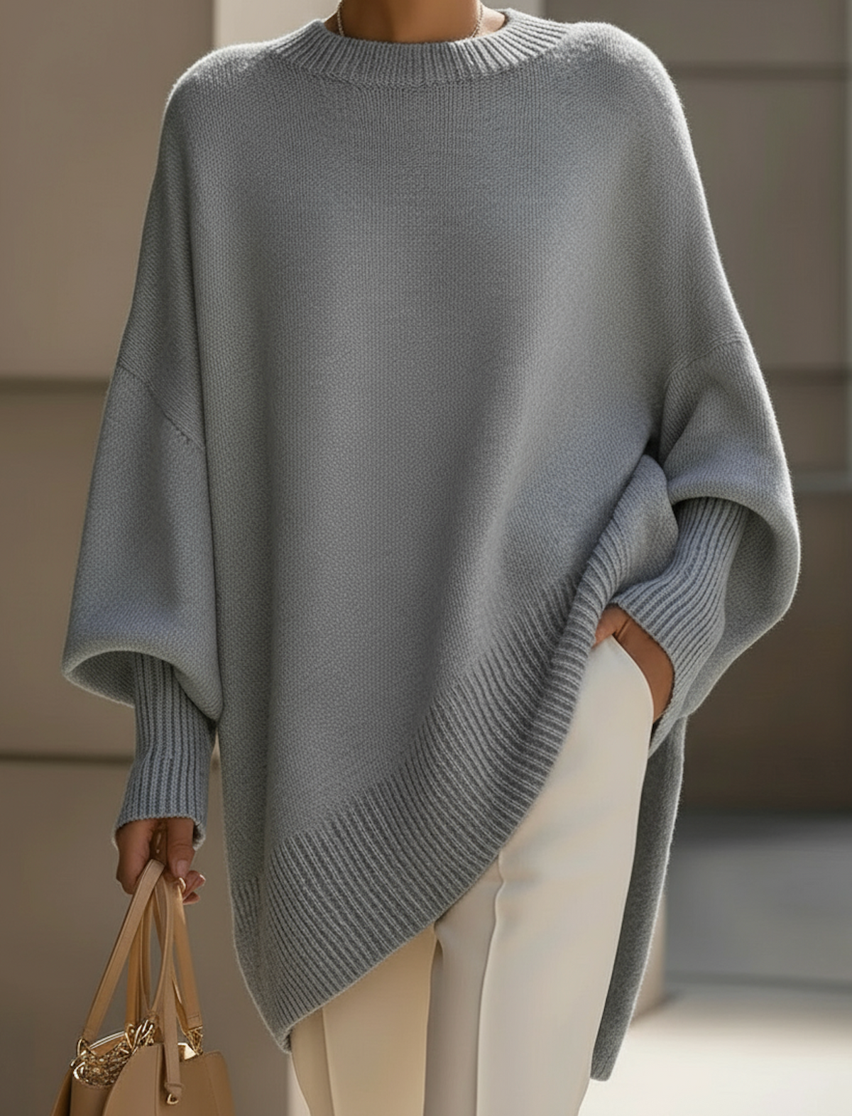 Halvara | Women's Oversized Batwing Knit Sweater — Mock Neck Pullover with Asymmetric Hem | Westmere