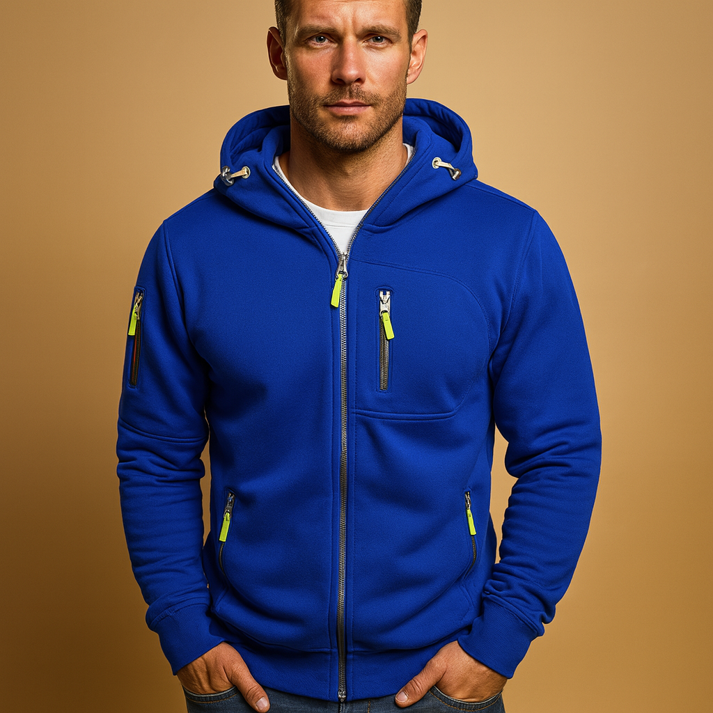 Ian Mens Zip Up Hoodie with Zip Pockets in Blue