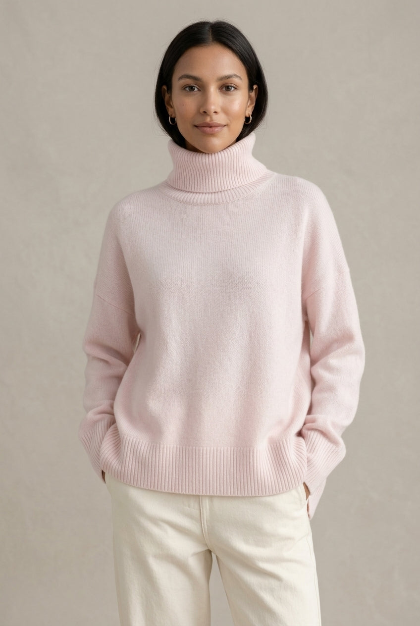 Katie Womens Oversized Cashmere Turtleneck Sweater in Pink