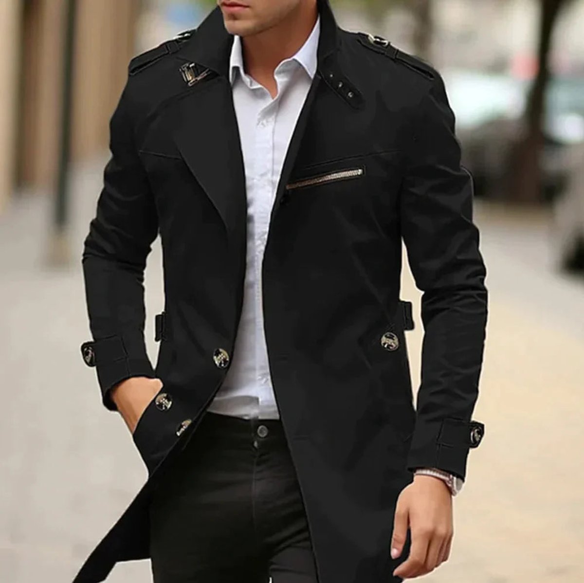 Niklas | Herren Trenchcoat mit Schulterriemen — Klassischer Wool Coat mit Reißverschlusstasche in 5 Farben | Westmere