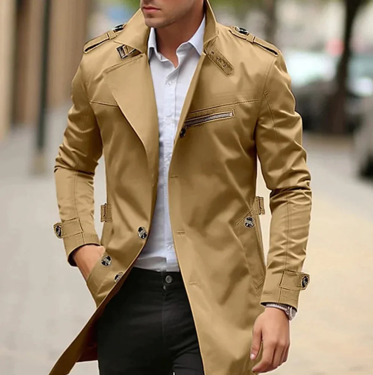Niklas | Herren Trenchcoat mit Schulterriemen — Klassischer Wool Coat mit Reißverschlusstasche in 5 Farben | Westmere
