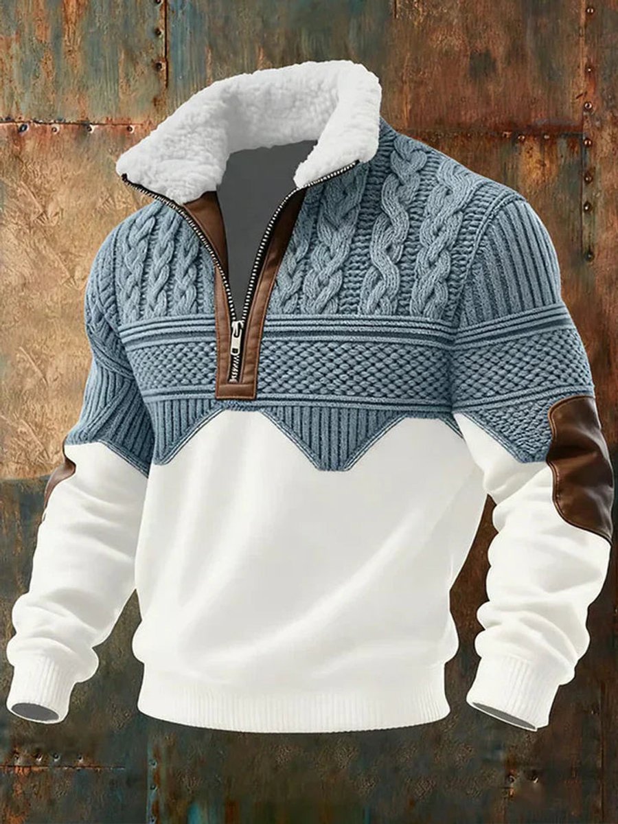 Matthias | Herren Farbblock Half-Zip Knit Sweater — Fleecekragen mit Zopfmuster & Elbow-Patches | Westmere
