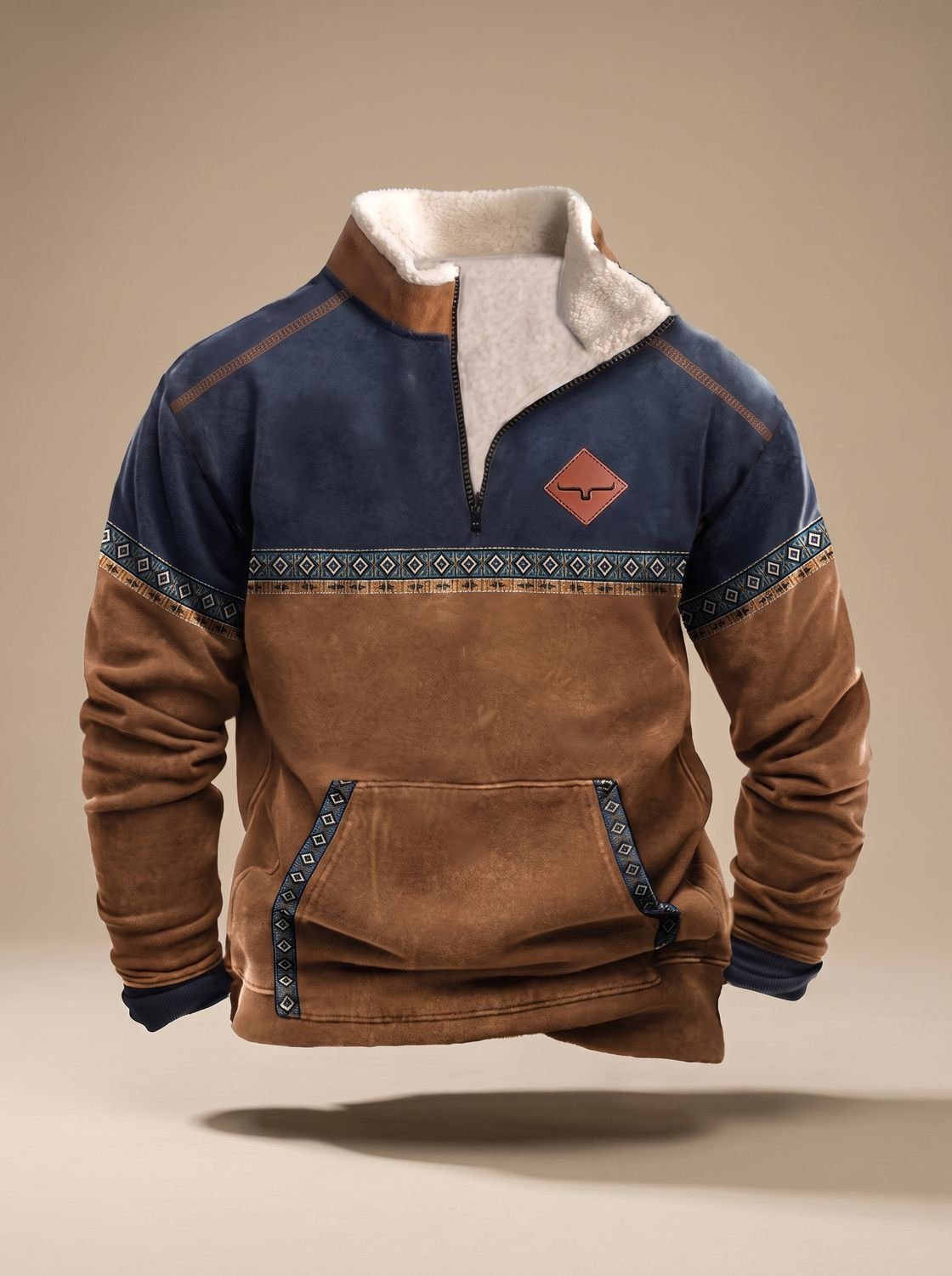 Leon | Herren Fleece Sweatshirt Half-Zip — Ethno-Streifenmuster mit Känguru-Tasche in S–5XL | Westmere