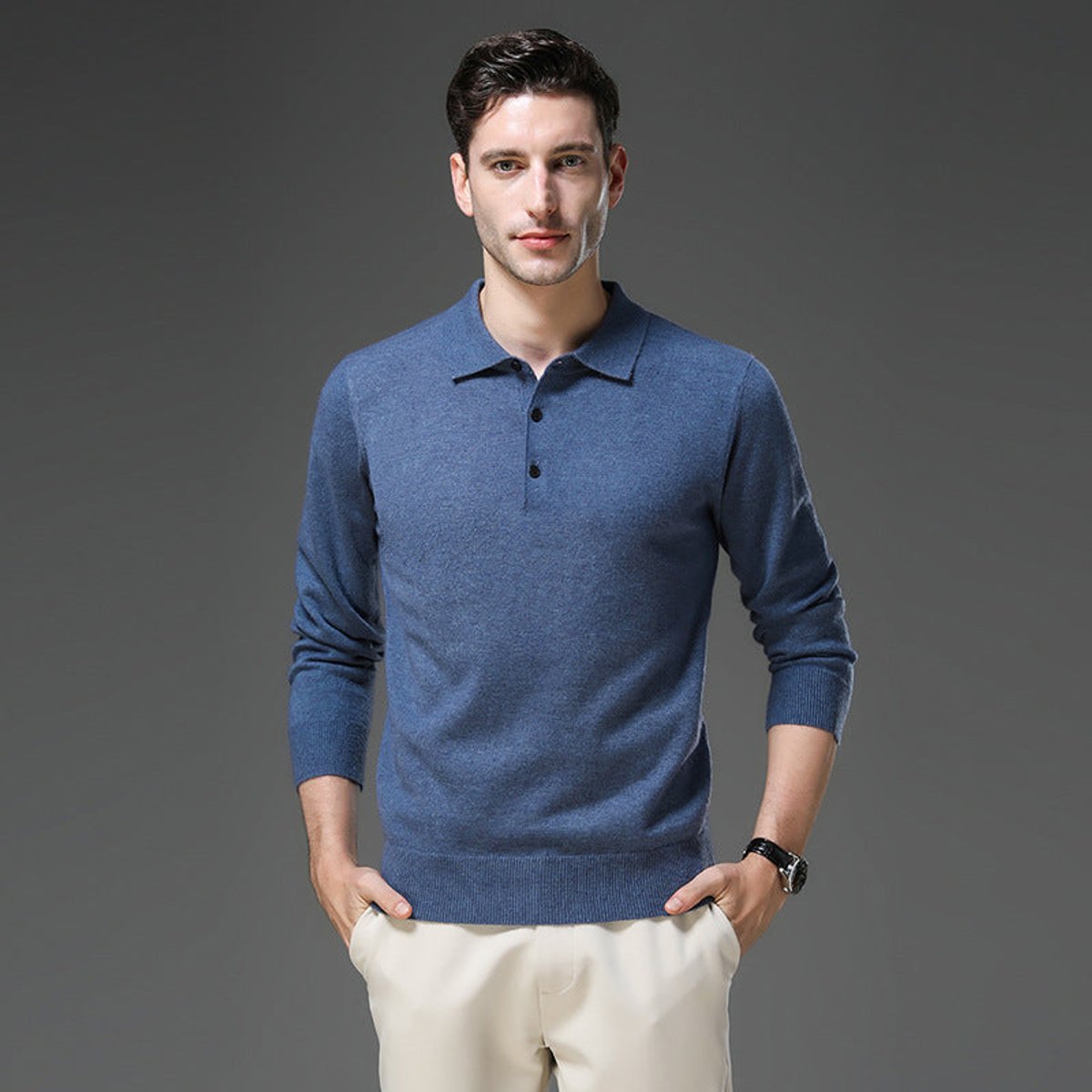 Sebastian | Herren Kaschmir Polo Knit Sweater — Langarm Business Pullover mit Knopfleiste in 5 Farben | Westmere