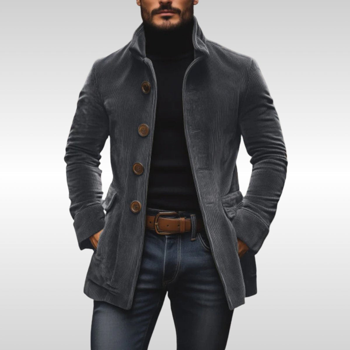 Matthias | Herren Slim-Fit Cord Wool Coat — Holzknöpfe mit Stehkragen Vintage-Charme in 4 Farben | Westmere