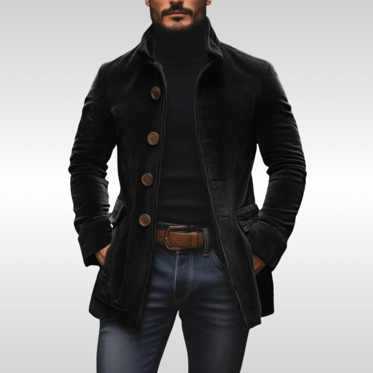 Matthias | Herren Slim-Fit Cord Wool Coat — Holzknöpfe mit Stehkragen Vintage-Charme in 4 Farben | Westmere