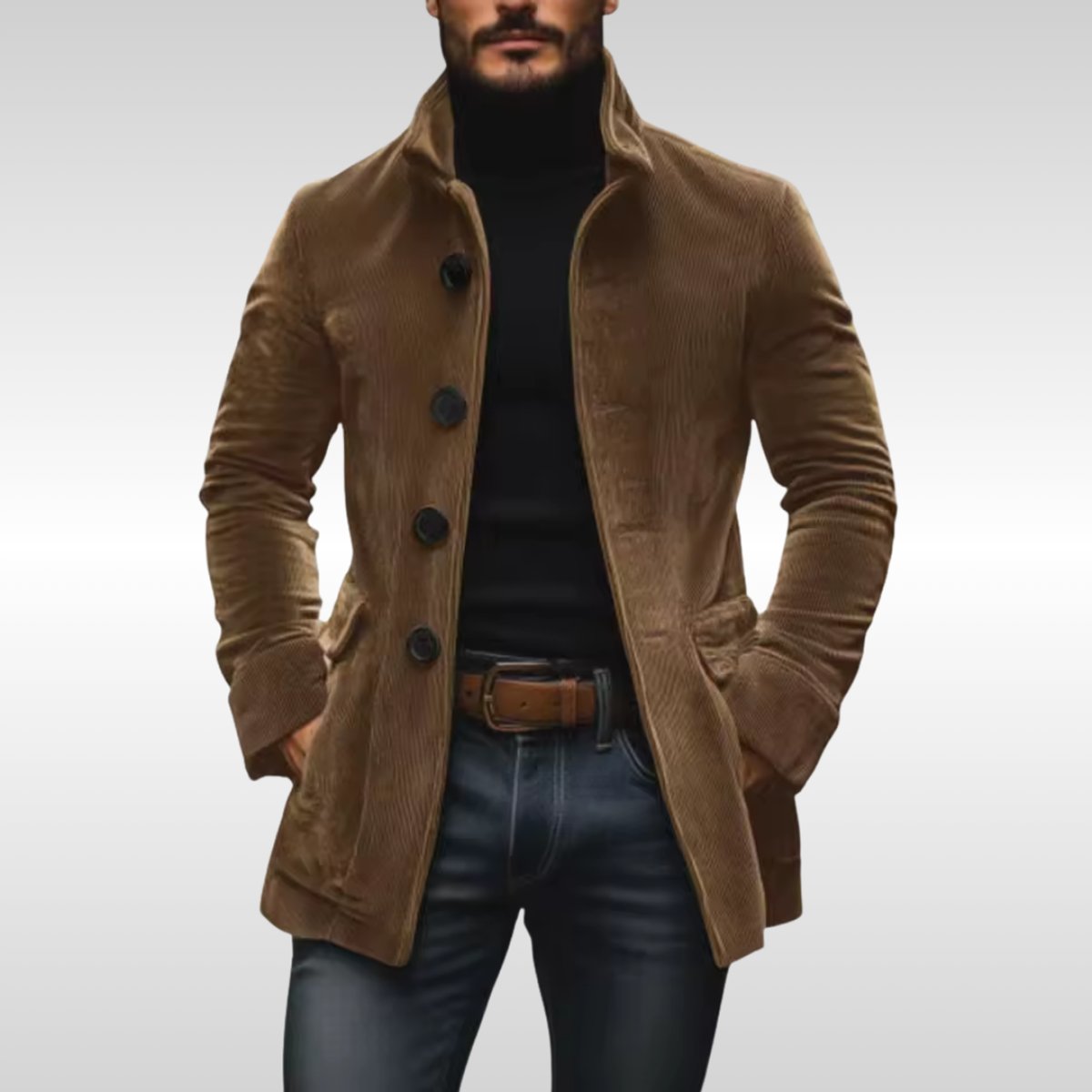 Matthias | Herren Slim-Fit Cord Wool Coat — Holzknöpfe mit Stehkragen Vintage-Charme in 4 Farben | Westmere
