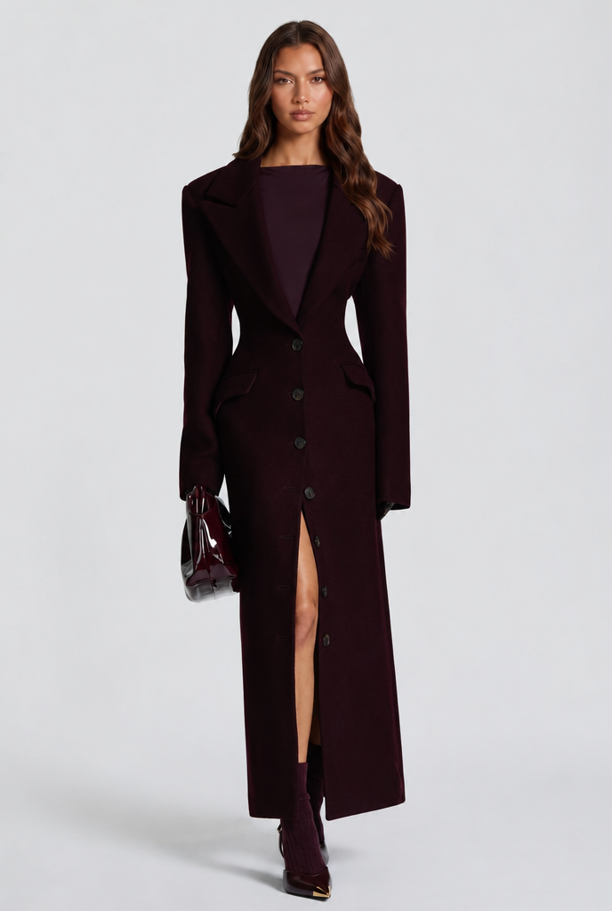 Kristina Womens Long Wool Coat with Fitted Waist