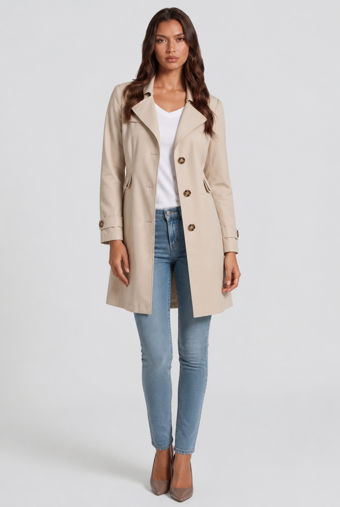 Katrina Womens Short Trench Coat, Fit and Flare in Khaki