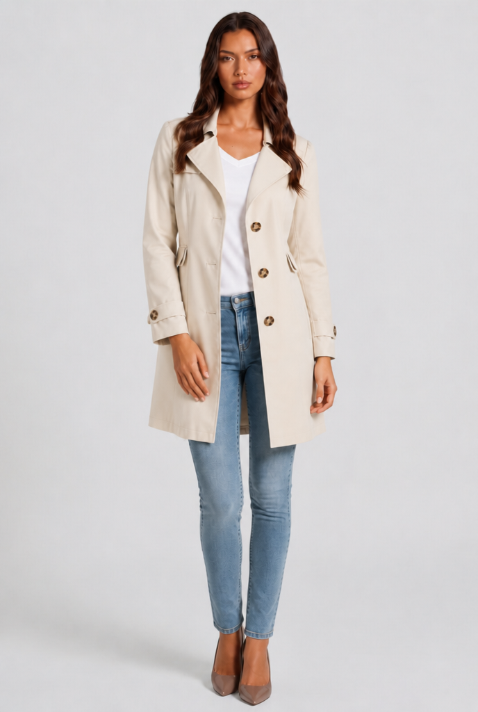 Katrina Womens Short Trench Coat, Fit and Flare in Beige