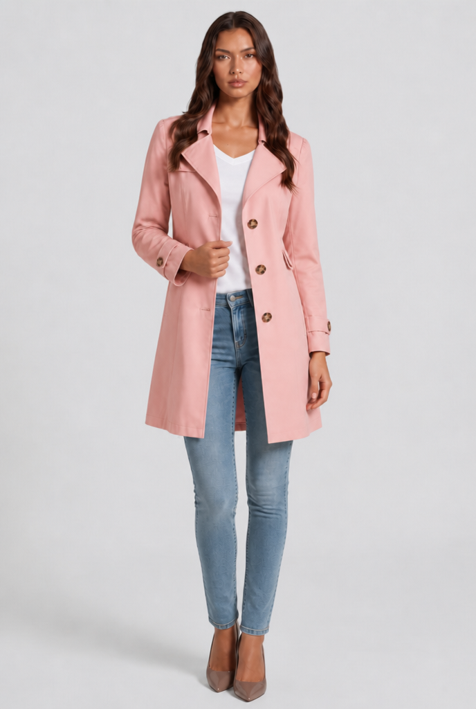 Katrina Womens Short Trench Coat, Fit and Flare in Pink