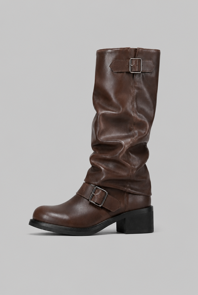 Kimberly Womens Knee-High Slouchy Biker Boots with Double Buckle