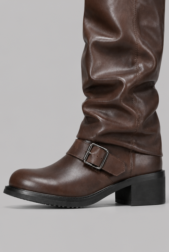 Kimberly Womens Knee-High Slouchy Biker Boots with Double Buckle