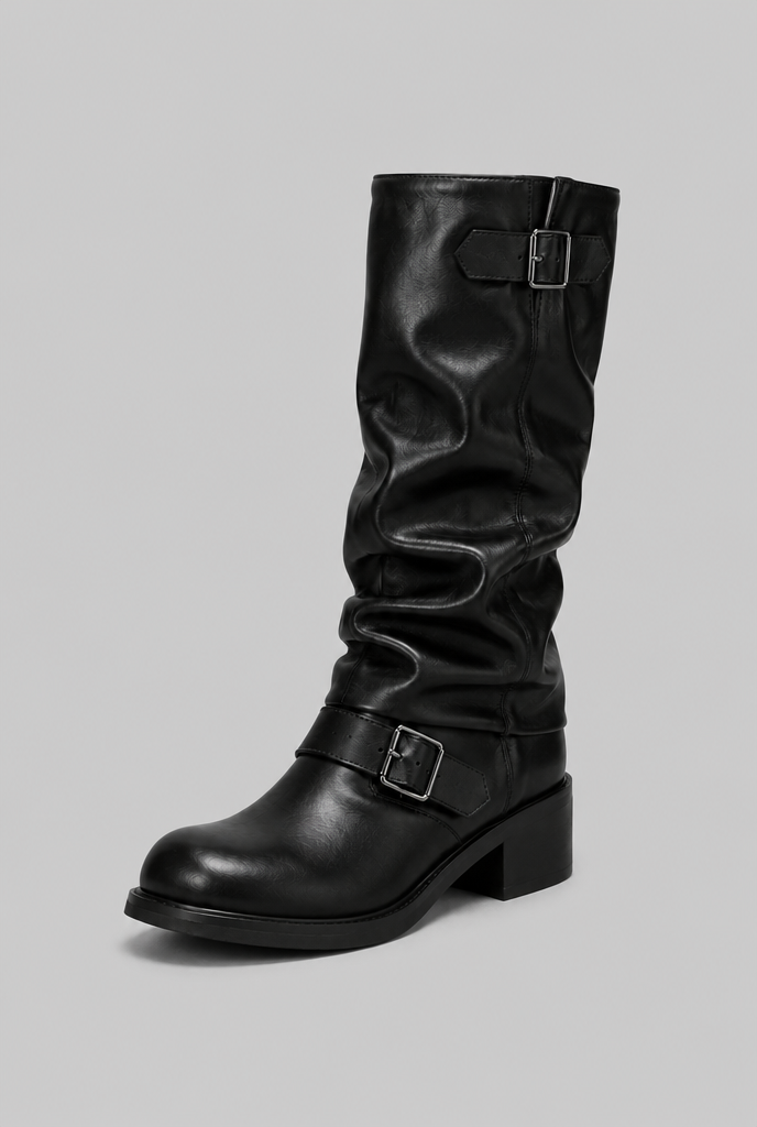 Kimberly Womens Knee-High Slouchy Biker Boots with Double Buckle in Black