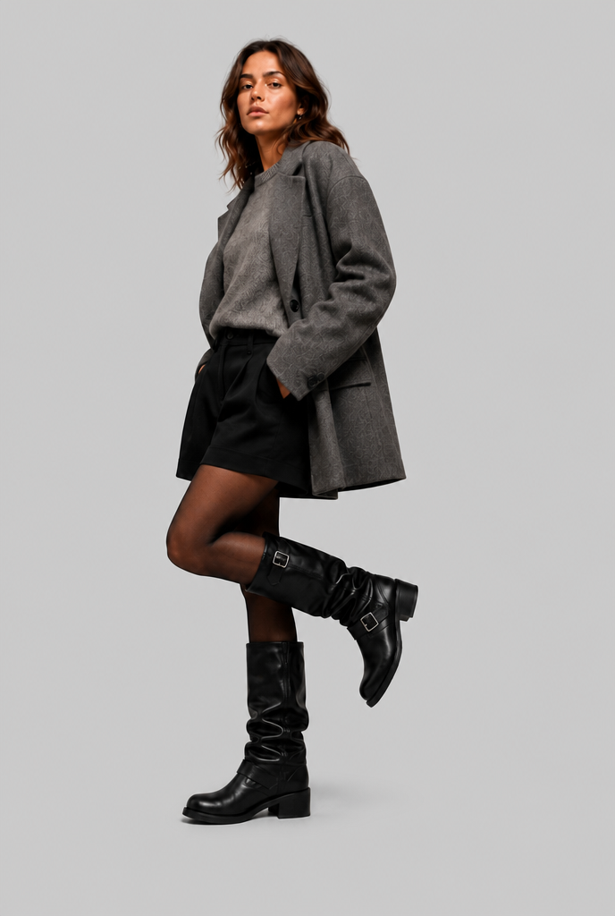 Kimberly Womens Knee-High Slouchy Biker Boots with Double Buckle