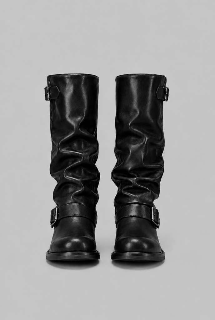 Kimberly Womens Knee-High Slouchy Biker Boots with Double Buckle