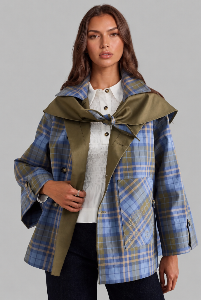 Tabitha Womens Reversible Trench Coat with Plaid Lining