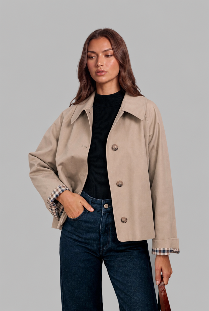 Desiree Womens Cropped Trench Jacket with Plaid Lining