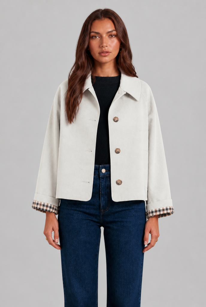 Desiree Womens Cropped Trench Jacket with Plaid Lining in White