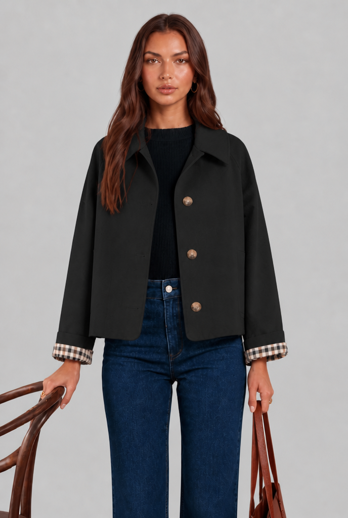 Desiree Womens Cropped Trench Jacket with Plaid Lining in Black