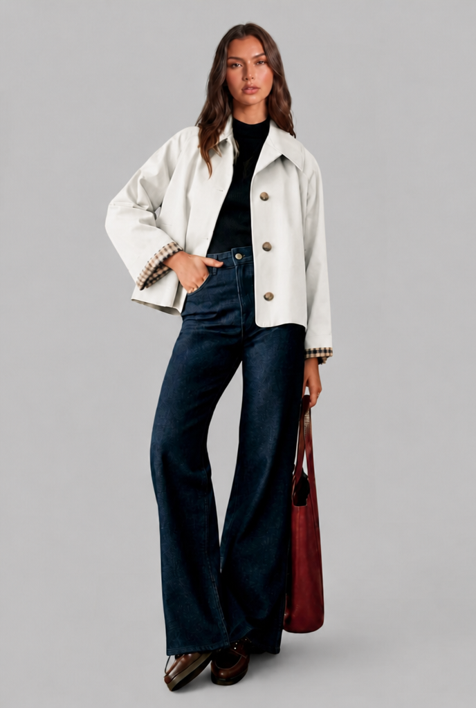 Desiree Womens Cropped Trench Jacket with Plaid Lining