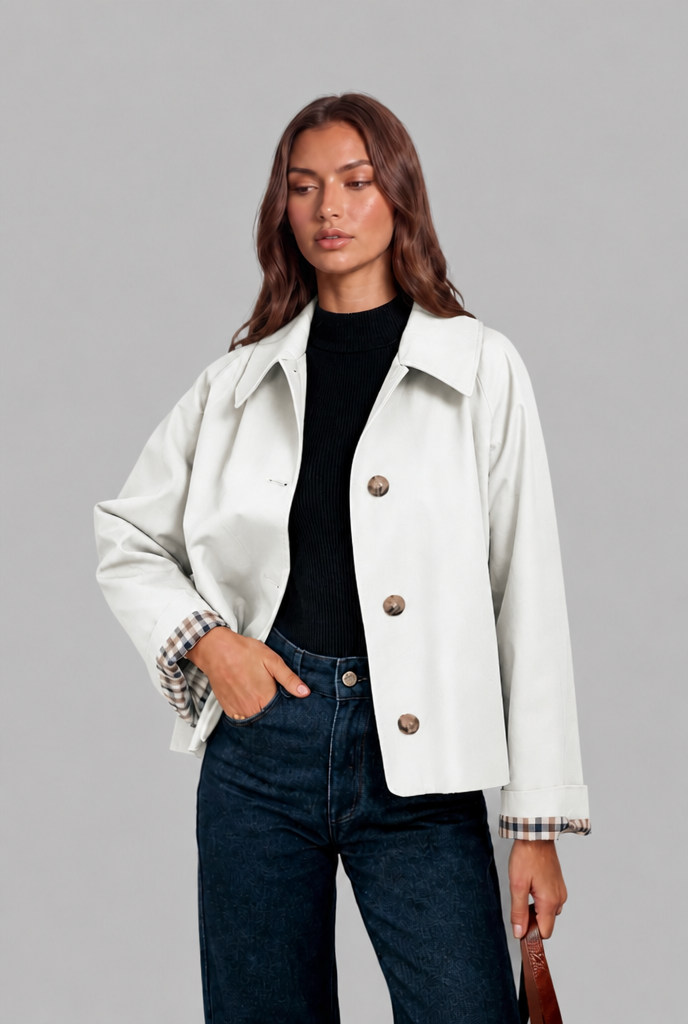 Desiree Womens Cropped Trench Jacket with Plaid Lining
