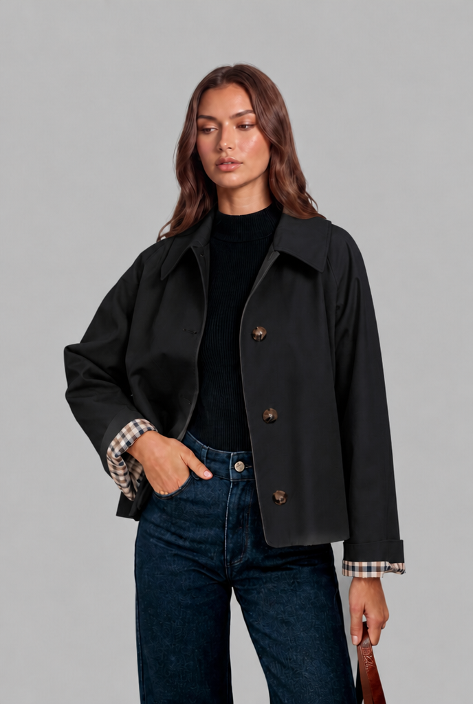Desiree Womens Cropped Trench Jacket with Plaid Lining