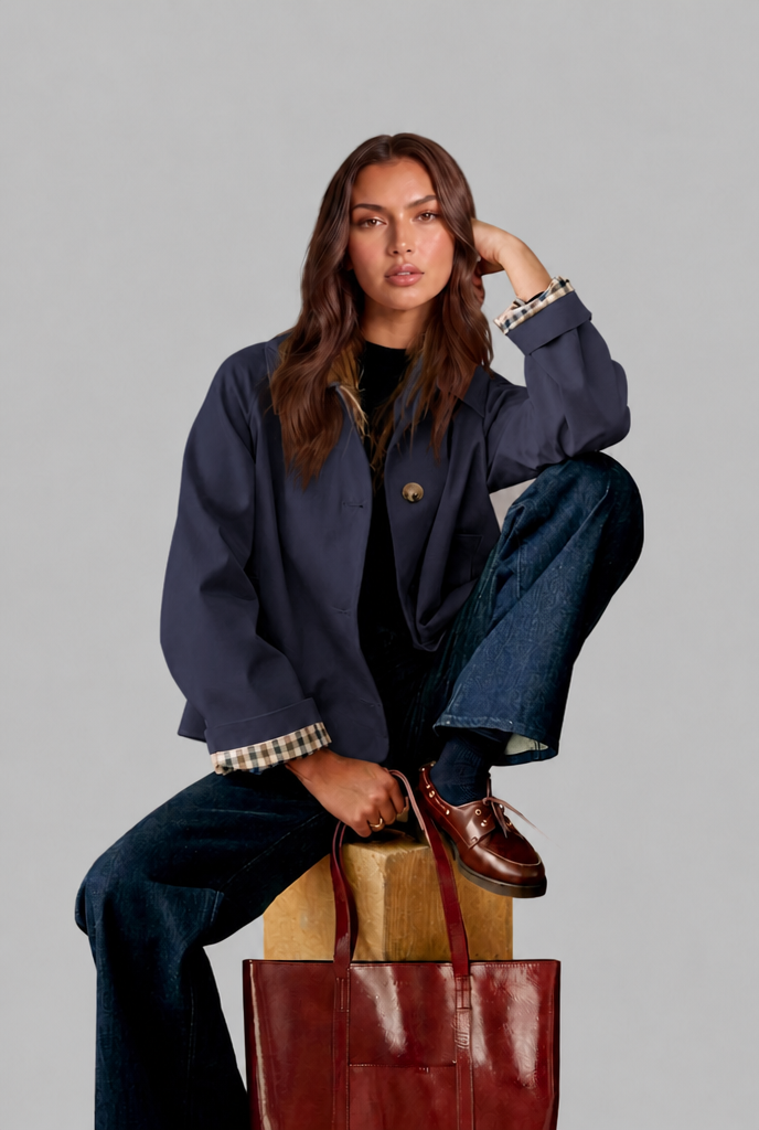 Desiree Womens Cropped Trench Jacket with Plaid Lining