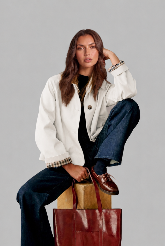Desiree Womens Cropped Trench Jacket with Plaid Lining