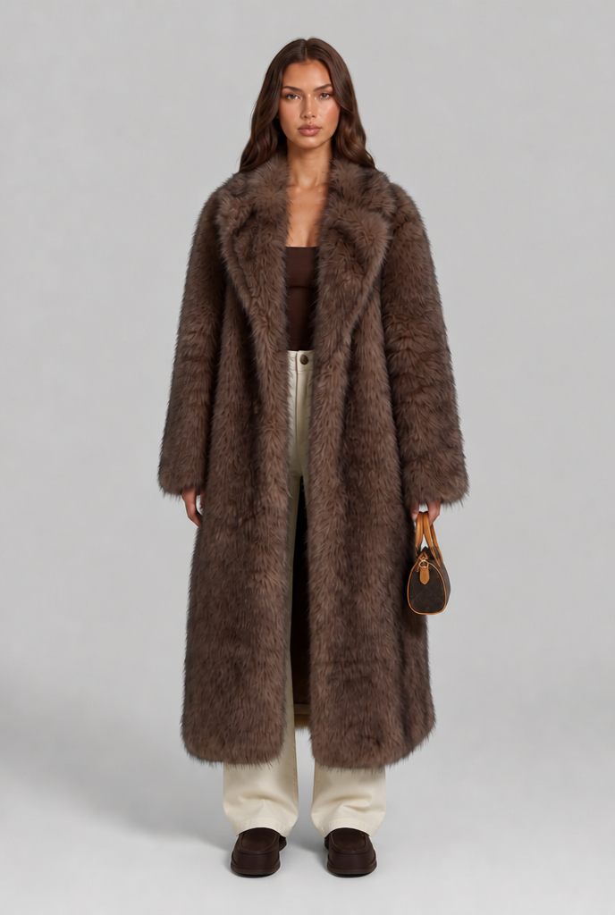 Alexandra Womens Long Faux Fur Coat with Notched Collar in Brown