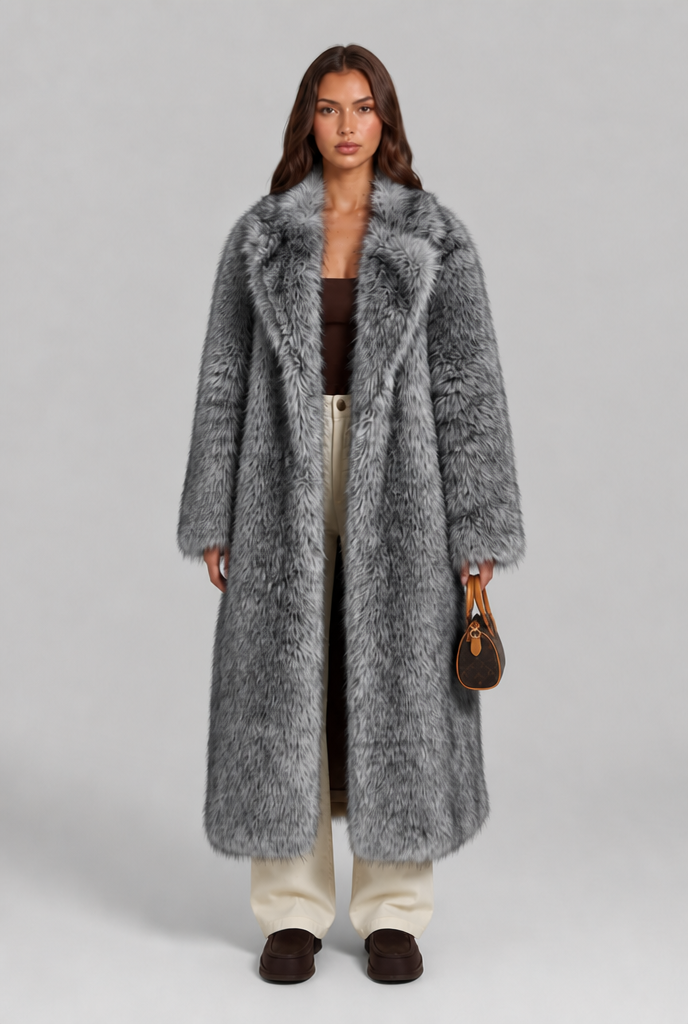 Alexandra Womens Long Faux Fur Coat with Notched Collar in Dark Gray