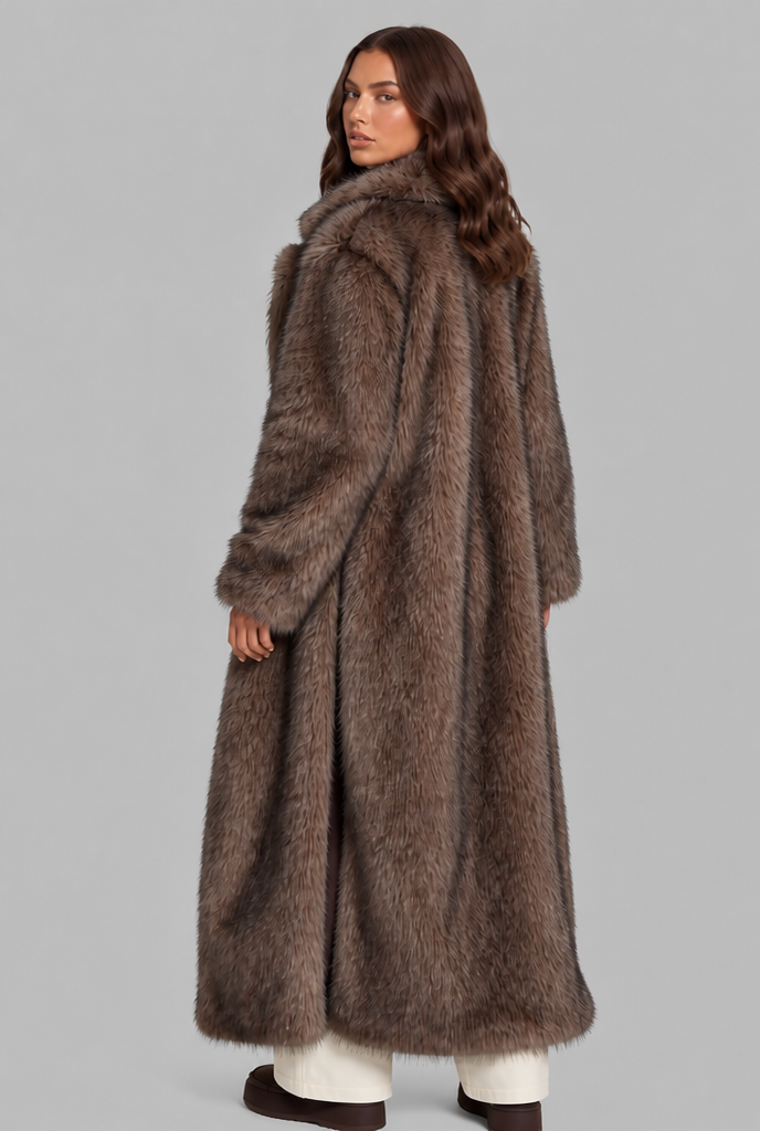 Alexandra Womens Long Faux Fur Coat with Notched Collar