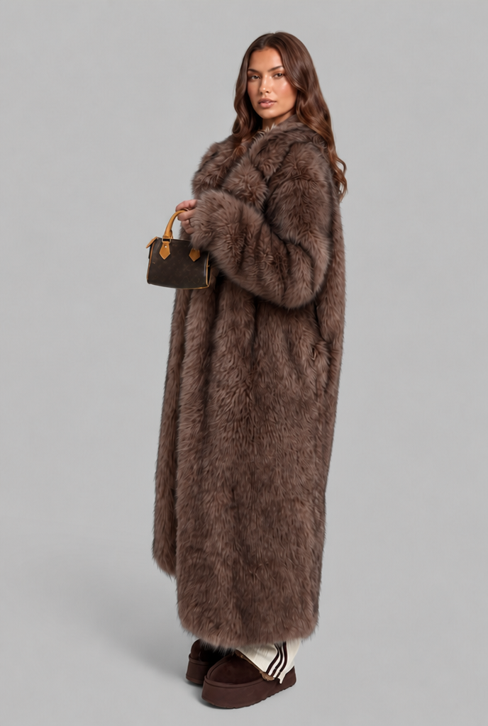 Alexandra Womens Long Faux Fur Coat with Notched Collar