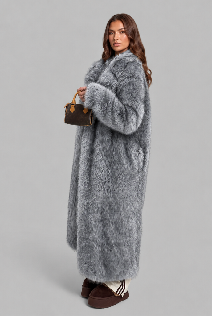 Alexandra Womens Long Faux Fur Coat with Notched Collar