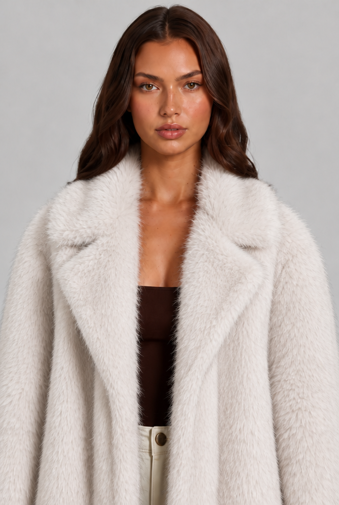 Alexandra Womens Long Faux Fur Coat with Notched Collar