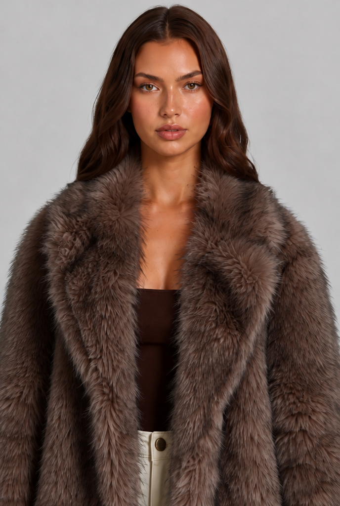 Alexandra Womens Long Faux Fur Coat with Notched Collar