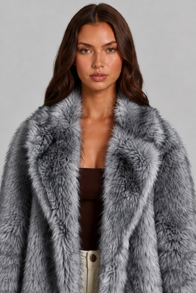 Alexandra Womens Long Faux Fur Coat with Notched Collar