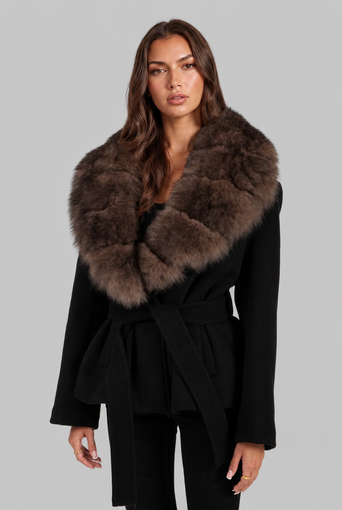Christine Womens Belted Wool Coat with Faux Fur Collar