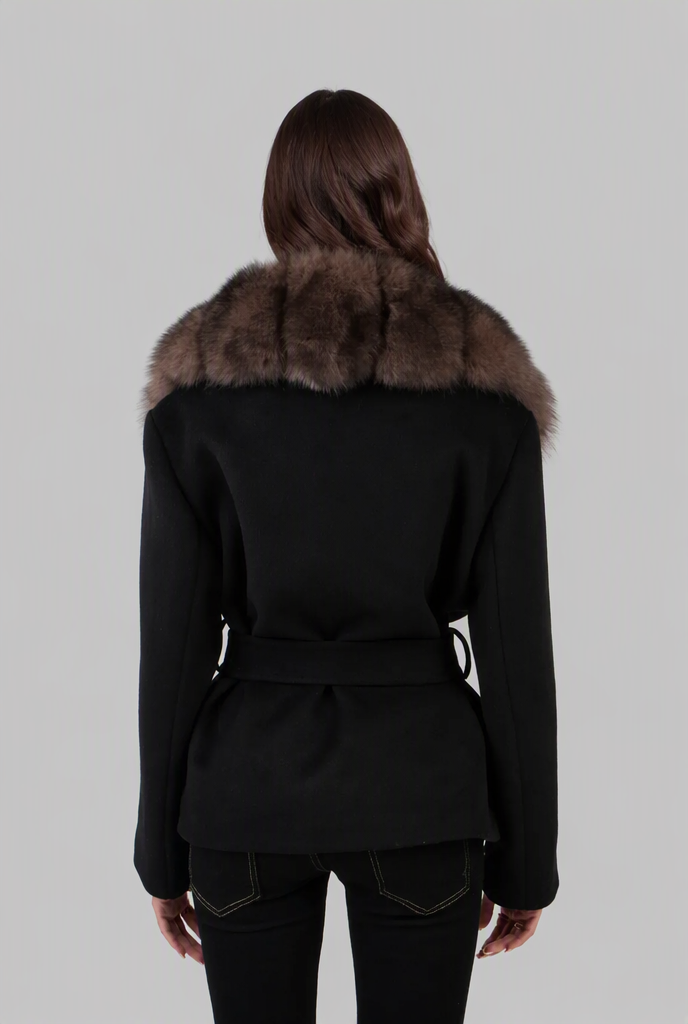 Christine Womens Belted Wool Coat with Faux Fur Collar