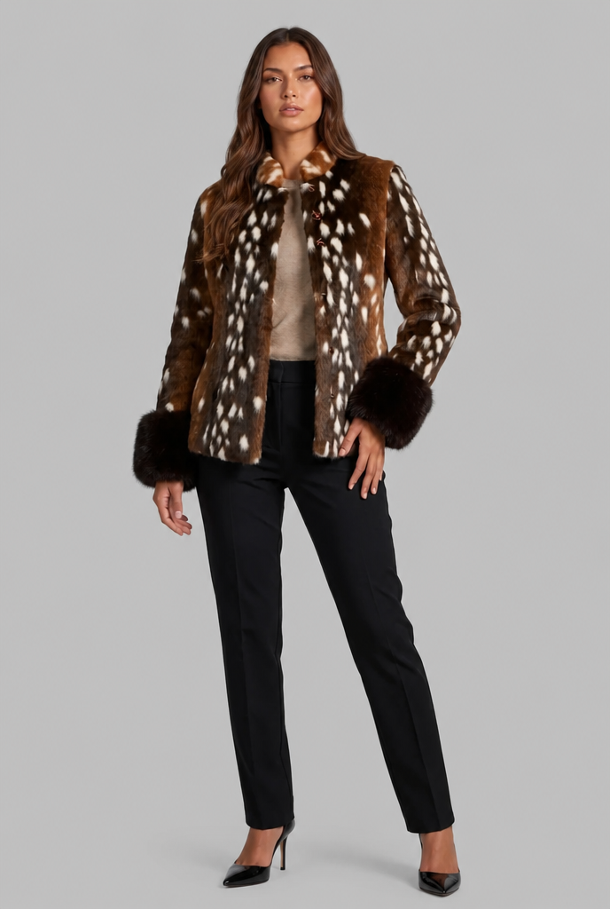 Kathleen Womens Faux Fur Jacket with Contrast Cuffs in Brown