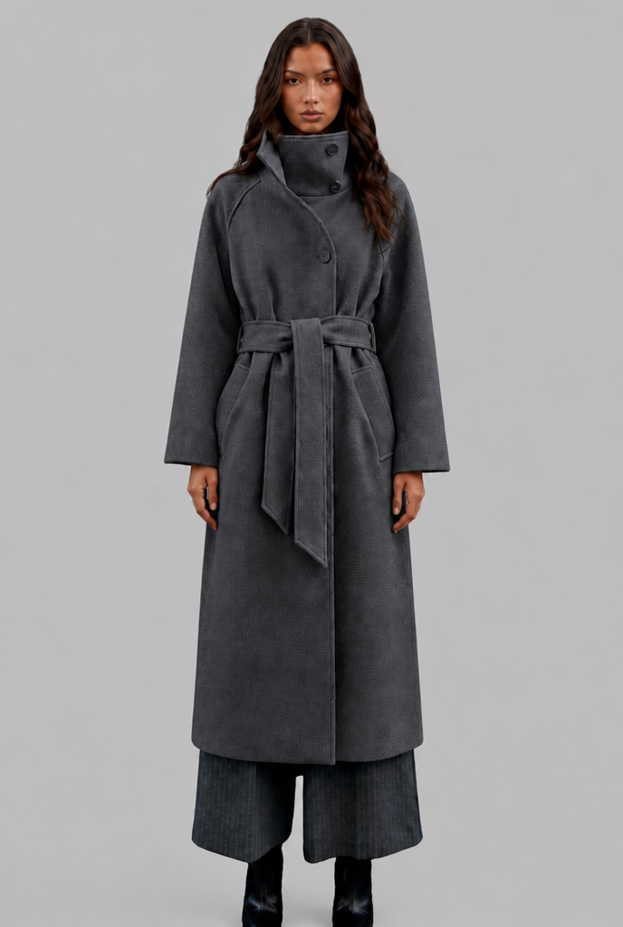Courtney Womens Belted Longline Wool Coat in Dark Gray