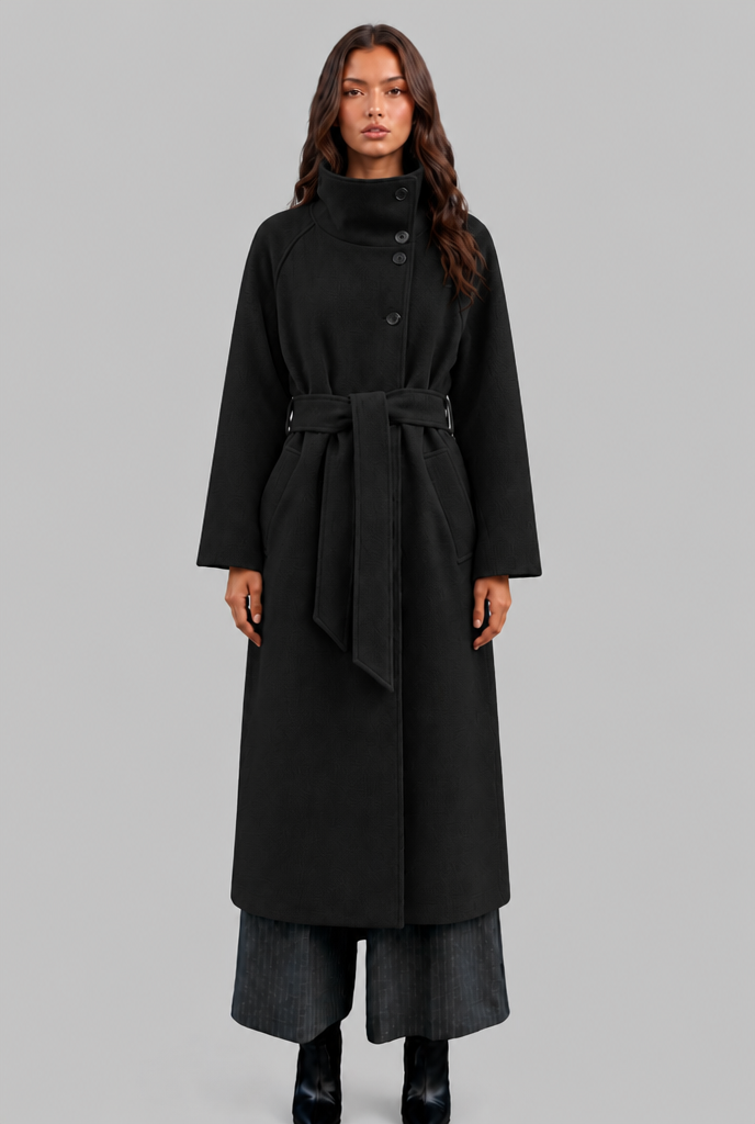 Courtney Womens Belted Longline Wool Coat in Black