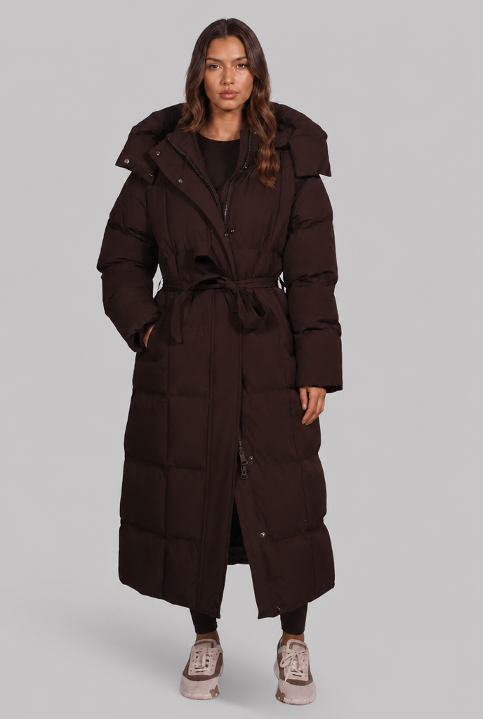 Luciana Womens Long Puffer Coat with Oversized Hood in Brown