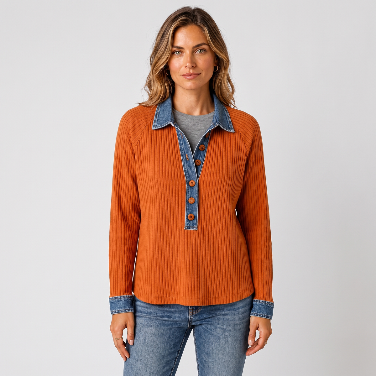 Kristin Womens Waffle Knit Henley Sweater in Orange