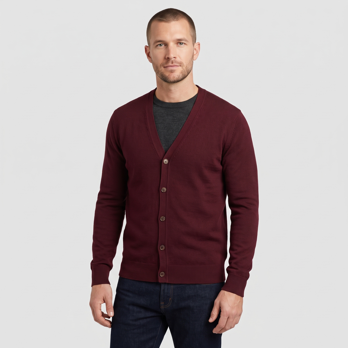 Kevin Mens V-Neck Button Cardigan Sweater in Dark Red