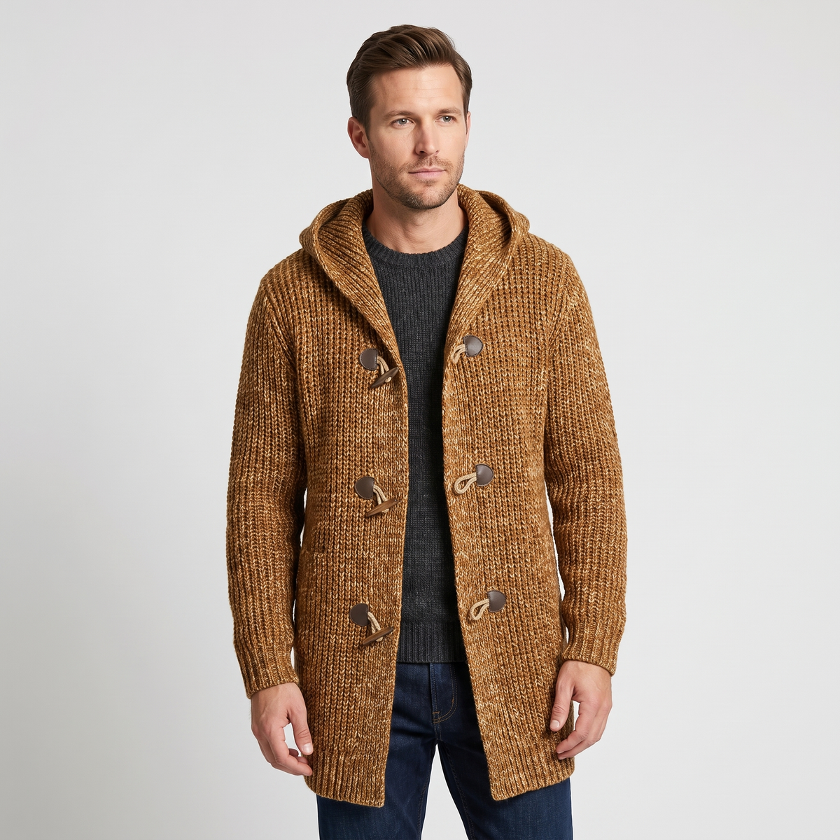 Aaron Mens Wool Blend Hooded Cardigan in Cognac Brown