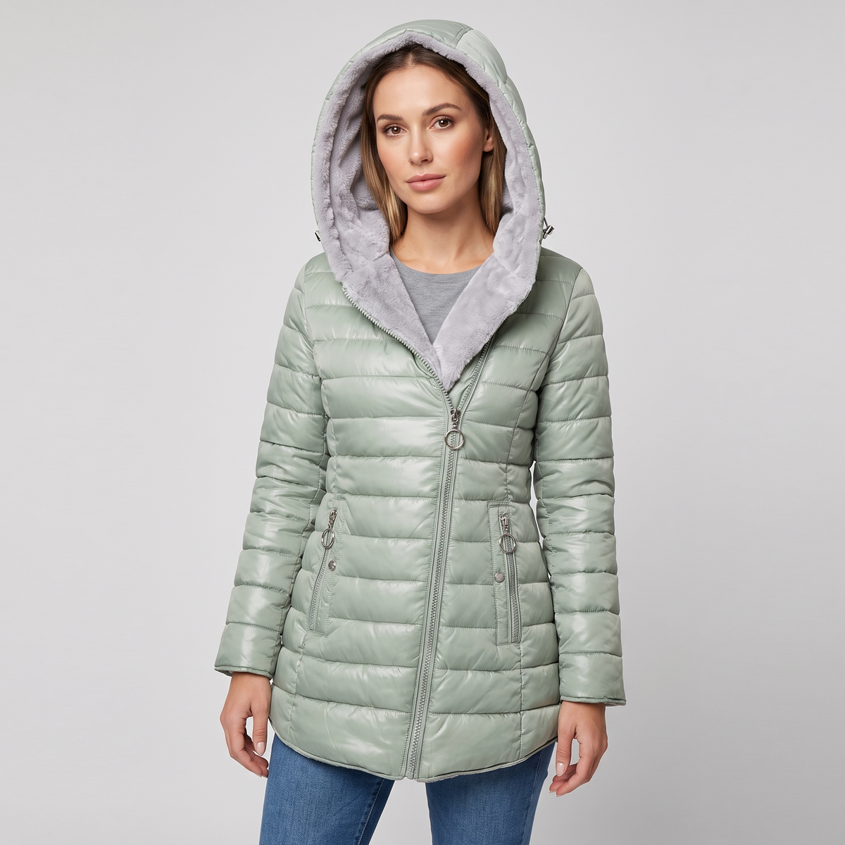 Rosalyneh Womens Winter Jacket with Zipper and Pockets in Light Green