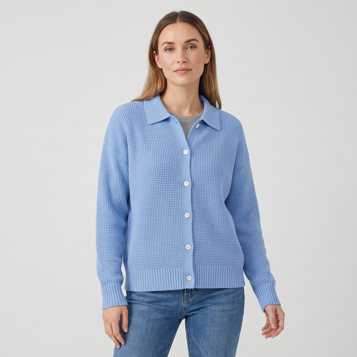 Émilie Womens Knit Cardigan with Collar in Blue
